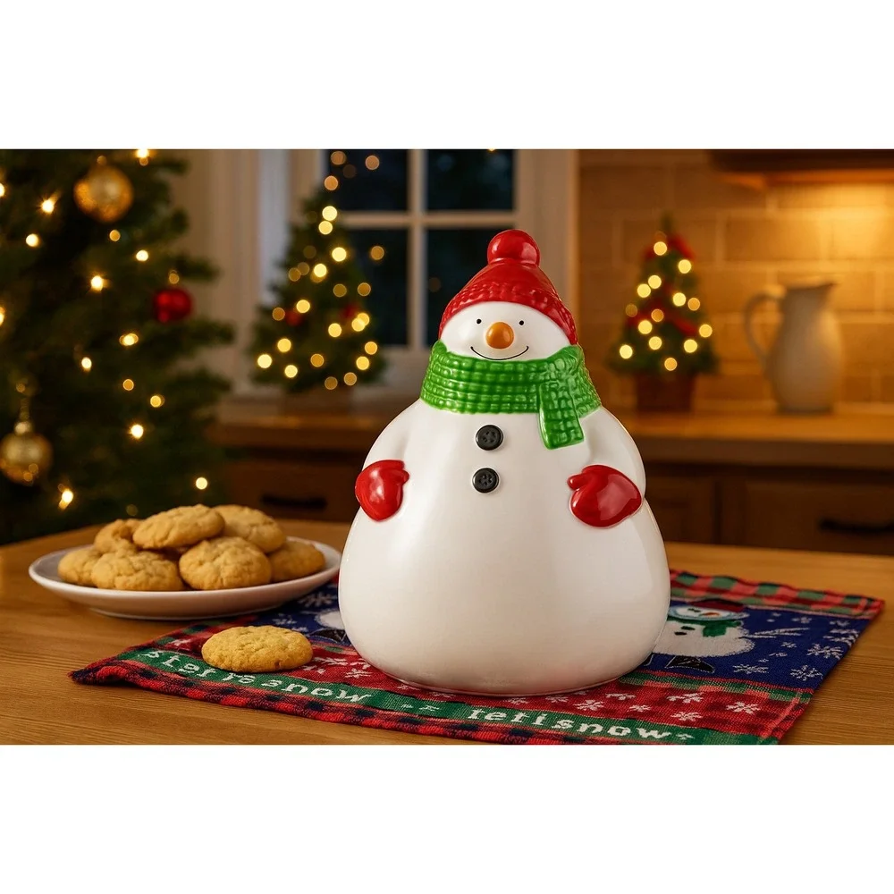 Hallmark Snowman Cookie Jar Red Hat Green Scarf Ceramic Christmas Kitchen Decor‎